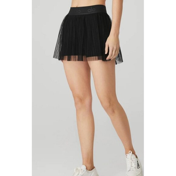 Alo Mesh Flirty Tennis Skirt Black Sheer Transparent See-Through A-Line Skort - Picture 9 of 14